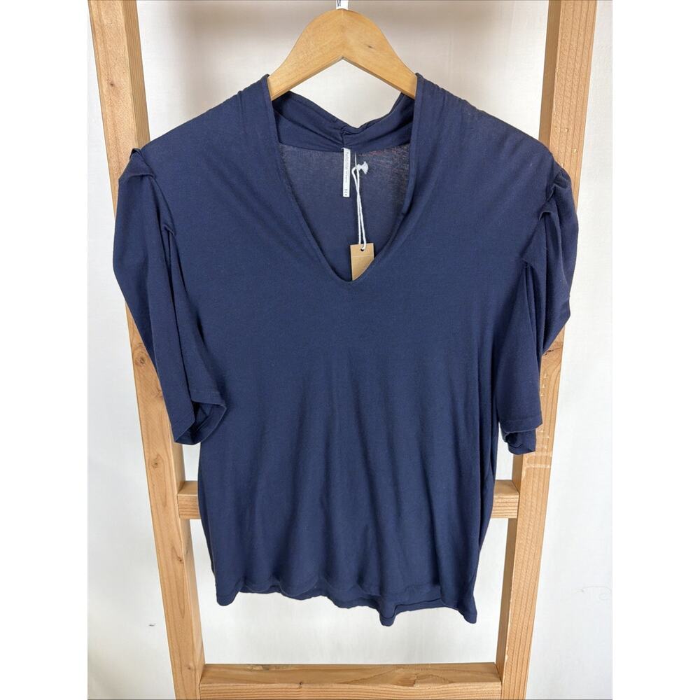 NWT Hello Nite Navy V Neck Pleated Shoulder Short Sleeve Top #1004 Size SM
